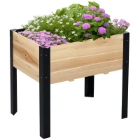 Outsunny Hochbeet Pflanzkasten Blumenkasten Blumentopf Kräuterbeet mit Vliesstoff Massivholz Stahl Natur+Schwarz 80 x 60 x 74 cm(m-1)