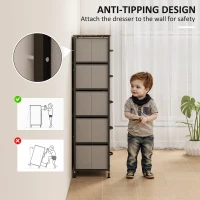 HOMCOM Fabric Chest of Drawers, Industrial Bedroom Dresser with 5 Fabric Drawers, Steel Frame and Wooden Top for Nursery, Living Room, Hallway, Rustic Brown and Grey(m-5)