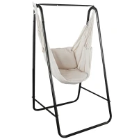 Outsunny Chaise hamac de jardin avec support, chaise suspendue avec coussin, accoudoir, crochets, blanc crème(m-10)