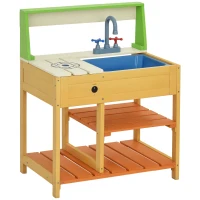 Outsunny Cuisine extérieure cuisine enfant en bois jeu d'imiation avec étagères évier et robinet 58 x 39 x 73 cm multicolore(m-10)
