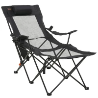 Outsunny Chaise de camping pliable avec repose-pied + Porte-gobelets + coussin appui-tête et sac de transport inclus noir(m-11)