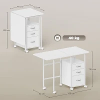 HOMCOM Escritorio de ordenador plegable con ruedas, escritorio con almacenamiento, 3 cajones, tablero extensible, 105x51x75,5cm, blanco(m-3)