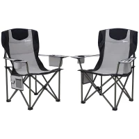 Outsunny Set of 2 Folding Camping Chairs, Padded Camping Chairs with Adjustable Armrests, Portable & Lightweight Folding Camp Chair with Cooler Bag, Cup Holder and Side Pockets, Grey(m-10)