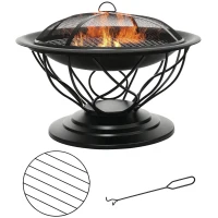 Outsunny Brasero cheminée Foyer extérieur Ø 75 x 55H cm Grille à Charbon + Cuisson Couvercle tisonnier métal Noir(m-1)