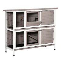 PawHut Cage à lapin en bois massif clapier 2 niveaux toit ouvrant avec auge plateaux coulisants 4 portes 122 x 50 x 101 cm gris blanc(m-1)
