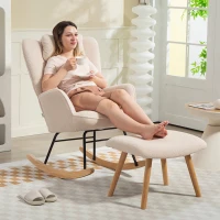 HOMCOM Schommelstoel met voetenbank, zachte fleece bekleding, houten poten, kussen, hoge rugleuning, schommelsalon, Beige(m-7)