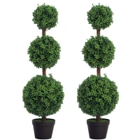 HOMCOM Set di 2 alberi artificiali 101,6 cm 3 boules di bosso topiario pianta finta verde PE con vaso interno ed esterno(m-1)