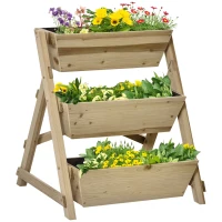Outsunny Horta de Escada de 3 Níveis Horta de Madeira com Tecido não tecido e Orifícios de Drenagem Horta para Plantas Flores Ervas 71x61x77cm Madeira Natural(m-10)