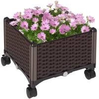 Outsunny Jardinera de Plástico Curdrada con 4 Ruedas Macetero de Jardín con Agujeros de Drenaje para Cultivo de Plantas en Exterior Patio Terraza 40x40x31,5 cm Marrón(m-10)