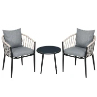 Outsunny Salon de jardin 2 personnes 3 pièces 2 fauteuils avec coussins table basse ronde plateau verre trempé corde tressée gris(m-11)