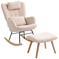 HOMCOM Sillón mecedora con reposapiés, cubierta de felpa suave, patas de madera, cojines, respaldo alto, sillón mecedor, Beige(m-6)