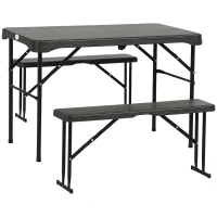 Outsunny Folding Picnic Table with 2 Benches, 3-Piece Portable Garden Furniture Set for 4, Dining Table Set with Plastic Top, Steel Frame, Dark Grey(m-10)
