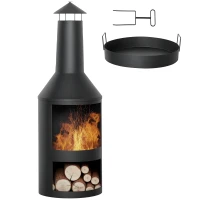 Outsunny Braciere da Giardino in Metallo con Camino, Porta Legna e Attizzatoio, Φ44.5x133 cm, Nero(m-1)