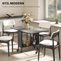 HOMCOM Masă Pliabilă, Rabatabilă pentru 4-6 Persoane cu Raft și 6 Roți, din Lemn și Metal, 130x80x74 cm, Gri(m-7)