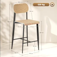 HOMCOM Lot de 2 tabourets de bar, hauts 65H cm avec dossier, structure en acier, effet bois naturel(m-3)