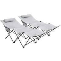 Outsunny Lot de 2 Bains de soleil transats pliables chaises longues avec poche latérale, appui-tête en Oxford gris(m-10)