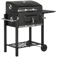 Outsunny Barbecue a Carvão com Rodas Tampa Grelhas de Aço Inoxidável Termômetro Bandeja Lateral e Prateleira 113x65x108 cm Preto(m-10)