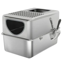 PawHut Litière en Acier Inoxydable XL pour Chats Bac à Litière avec Pelle Ouvertures Doubles Facile à nettoyer Argent(m-7)