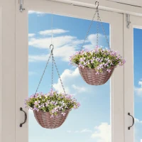 HOMCOM Artificial Flowers in Basket Set of 2, Artificial Hanging Baskets with 75 Leaves and 15 Flowers in Pot, Decorative Plant for Home Office Decor, Purple(m-2)
