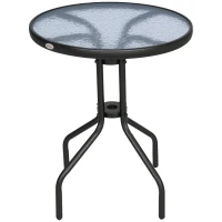 Outsunny Mesa de Jardín Redonda con Encimera de Vidrio Templado Decorativa y Marco de Metal para Patio Terraza Balcón Comedor Ø60x70 cm Negro(m-9)
