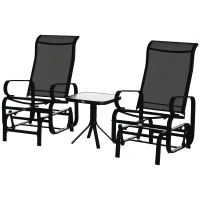 Outsunny 3 Pieces Garden Gliding Chair Set, Metal Frame 2 Single Armchair Swing Seater and 1 Glass Top Coffee Table w/ Breath Mesh Fabric Seat, Black(m-10)