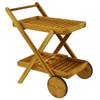 Outsunny Desserte de jardin chariot pour barbecue en bois avec 2 plateaux, 3 casiers à bouteilles et 2 roues bois naturel(m-10)