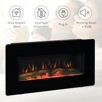 HOMCOM Electric Wall-Mounted Fireplace Heater with Adjustable Flame Effect, Remote Control, Timer, 1800/2000W, Black(m-6)
