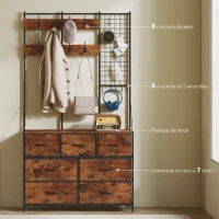 HOMCOM Meuble d'entrée 4 en 1, portemanteau, vestiaire avec 7 tiroirs en tissu et 14 crochets, 100 x 30 x 183 cm, brun rustique(m-4)
