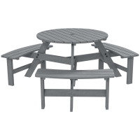 Outsunny Wooden Garden Dining Set, 6 Seater Round Dining Picnic Table with Matching Bench, Garden Furniture Set with Parasol Hole for Outdoor Patio Party and Family Gatherings, Grey