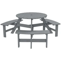 Outsunny 6 Seater Wooden Picnic Table and Garden Benches Set, Round Garden Dining Set with 3 Benches and Umbrella Hole Outdoor Garden Park, Grey(m-1)