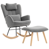HOMCOM Fauteuil à bascule avec repose-pieds, revêtement en molleton doux, pieds en bois, coussin, dossier haut, fauteuil à bascule, Gris foncé