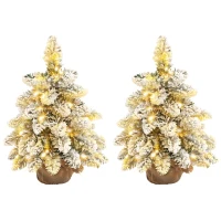 HOMCOM 1.5ft Mini Artificial Christmas Trees with Lights Set of 2, Snow Flocked Tabletop Christmas Trees with Base, Battery Operated, Desktop Party Decoration(m-1)