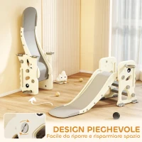 AIYAPLAY Scivolo per Bambini Pieghevole con Canestro e Palla da Basket, in PP e HDPE, 146x52x65 cm, Grigio e Crema(m-4)