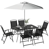 Outsunny Set de grădină cu Masă, 6 Scaune Pliante și Umbrelă de Soare cu Manivelă, Set pentru Exterior din 8 piese, 140x90x70 cm, Gri și Negru