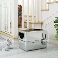 PawHut Litière en Acier Inoxydable XL pour Chats Bac à Litière avec Pelle Ouvertures Doubles Facile à nettoyer Argent(m-5)