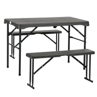 Outsunny Folding Picnic Table with 2 Benches, 3-Piece Portable Garden Furniture Set for 4, Dining Table Set with Plastic Top, Steel Frame, Dark Grey(m-1)