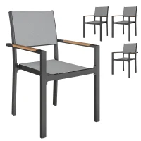 Outsunny Lot de 4 chaises de jardin, chaises de salle à manger avec accoudoirs effet bois cadre en aluminium, gris clair(m-11)