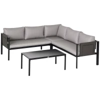Outsunny 5 Seater Garden Corner Sofa Set, 4 Pieces Metal Garden Furniture Set with Loveseats, Glass Top Coffee Table, Breathable Mesh Pocket, Outdoor Conversation Furniture with Cushions, Light Grey(m-10)