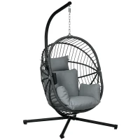 Outsunny Cadeira Suspensa com Suporte Cadeira Baloiço de Exterior com Cesta Dobrável Almofada e Apoio para a Cabeça 120x106x188 cm  Cinza(m-10)
