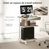 HOMCOM Bureau d'ordinateur sur roues, bureau avec rangement 56 x 51 cm avec tiroir, compartiment et support CPU, chêne(m-4)