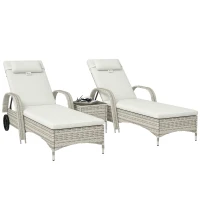 Outsunny Lot de 2 transats bains de soleil : matelas, têtière, inclinaison réglable roulettes + table basse verre trempé crème(m-10)