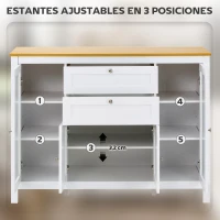 HOMCOM Aparador de Cocina con Armario 2 Cajones 2 Puertas de Vidrio y Estantes Ajustables Muebles Auxiliar de Almacenaje para Comedor Salón 120x40x90 cm Blanco(m-5)