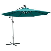 Outsunny 3(m) Banana Cantilever Parasol with Solar LED Lights, Garden Umbrella with Cross Base and Crank Handle, Hanging Offset Sun Shade for Outdoor, Patio, Green(m-10)