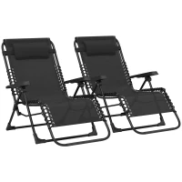 Outsunny Lot de 2 bain de soleil, chaise longue pliante inclinable avec appuie-tête en textilène, 90 x 65 x 112 cm, noir(m-12)