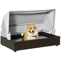 PawHut Rattan Hundehütte mit Dach Hundeliege Hundehaus Haustierbett Hundebett Hundekorb Hundesofa Hunde Outdoor Kissen Kaffee+Grau 90 x 60 x 65 cm(m-1)