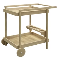 Outsunny Carrinho de Madeira com Rodas com 2 Prateleiras 4 Porta-copos e Alça para Jardim Terraço Pátio 78x58,5x75 cm Natural(m-10)