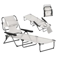 Outsunny Chaise longue de jardin pliante dossier réglable sur 4 niveaux, trou de lecture et appui-tête 72 x 194 x 89 cm crème(m-10)
