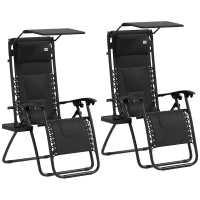 Outsunny Zero Gravity Lounger Chair Set of 2, Folding Reclining Patio Chair with Shade Cover, Padded Seat, Cup Holder, Soft Cushion and Headrest for Poolside, Camping, Black(m-1)