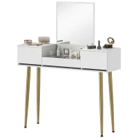 HOMCOM Tocador de Maquilhagem com Espelho Bancada de Vidro 3 Gavetas Mesa de Maquilhagem Moderna 105,5x30x130,5 cm Branco(m-11)
