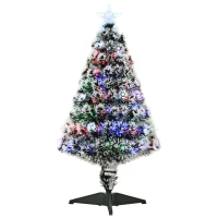 HOMCOM 3ft Artificial Prelit Christmas Tree, Snow Xmas Tree with Colourful LED Lighting Fiber Optics, Green White(m-1)
